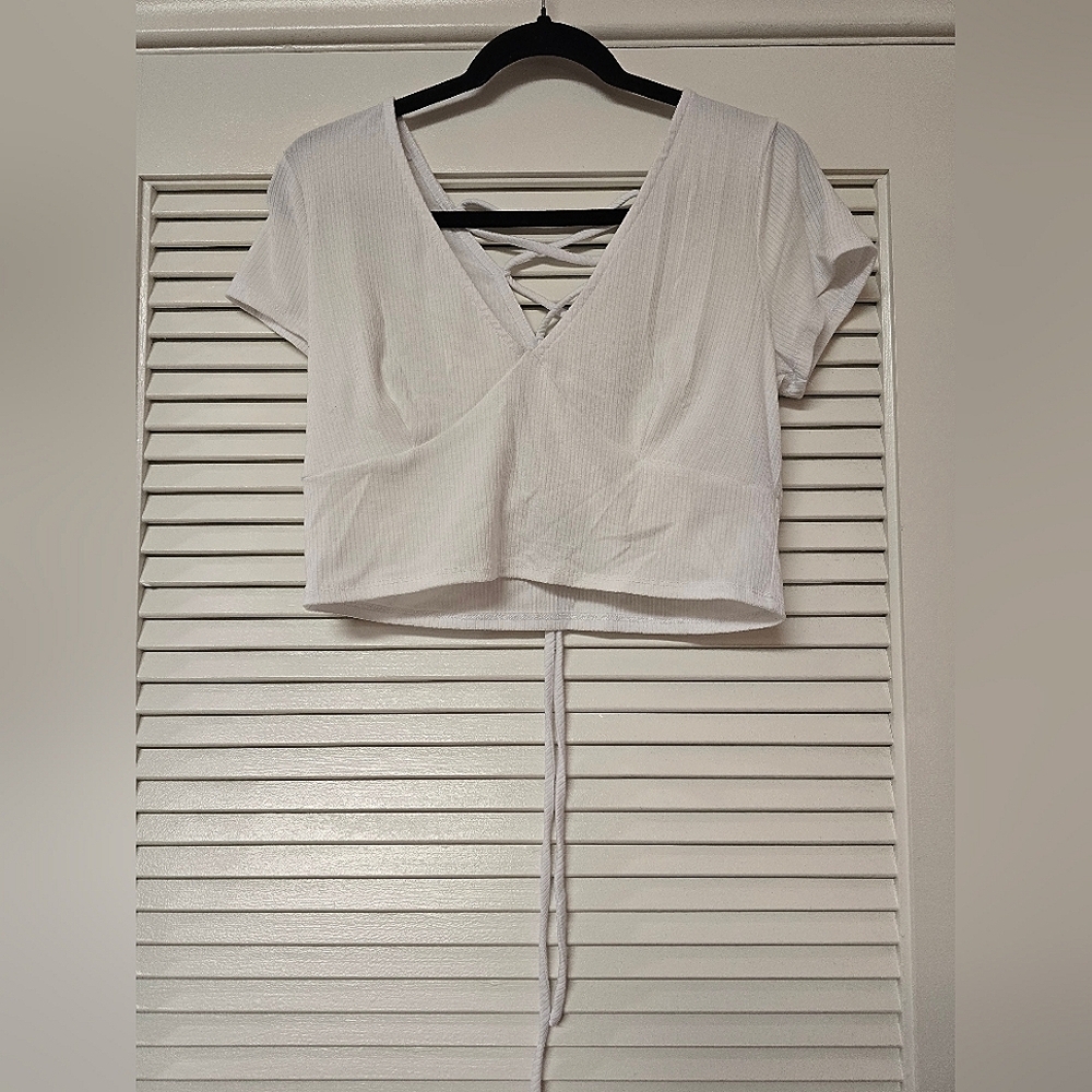 Mixed Threads - White Short-Sleeve Ribbed Lace-Up Back Crop Top